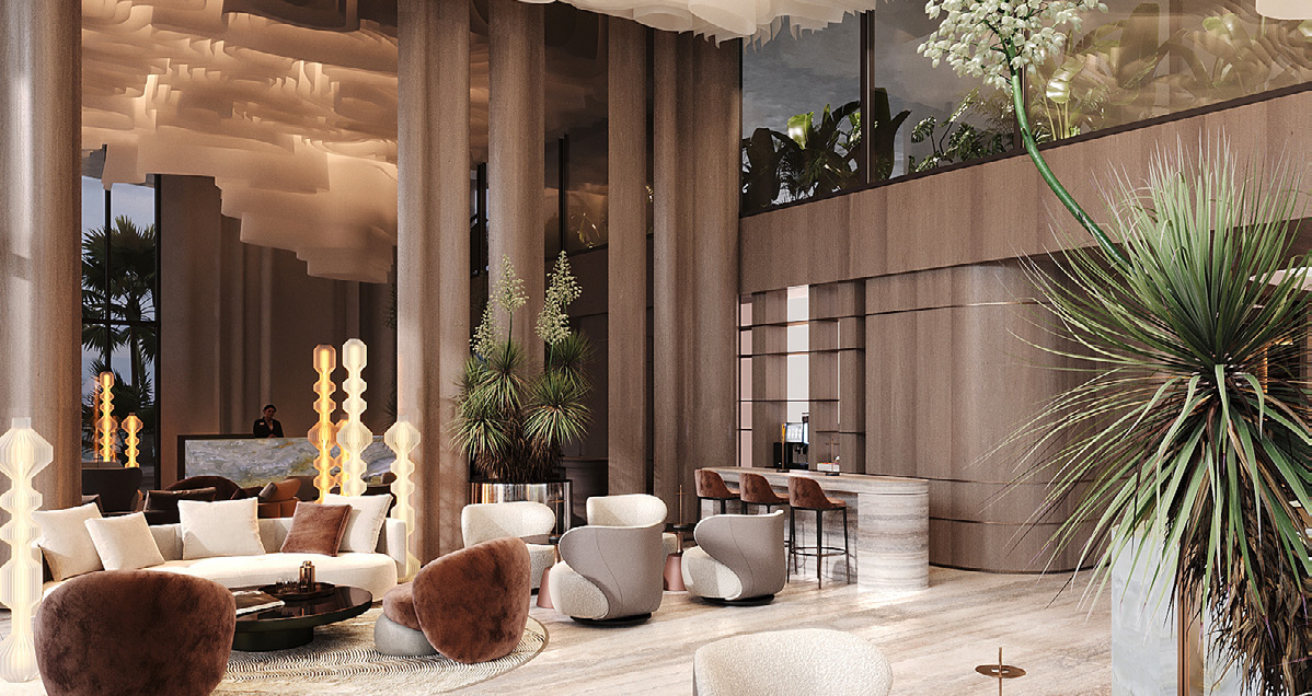 Warm sculptural residence lobby with layered textures and greenery